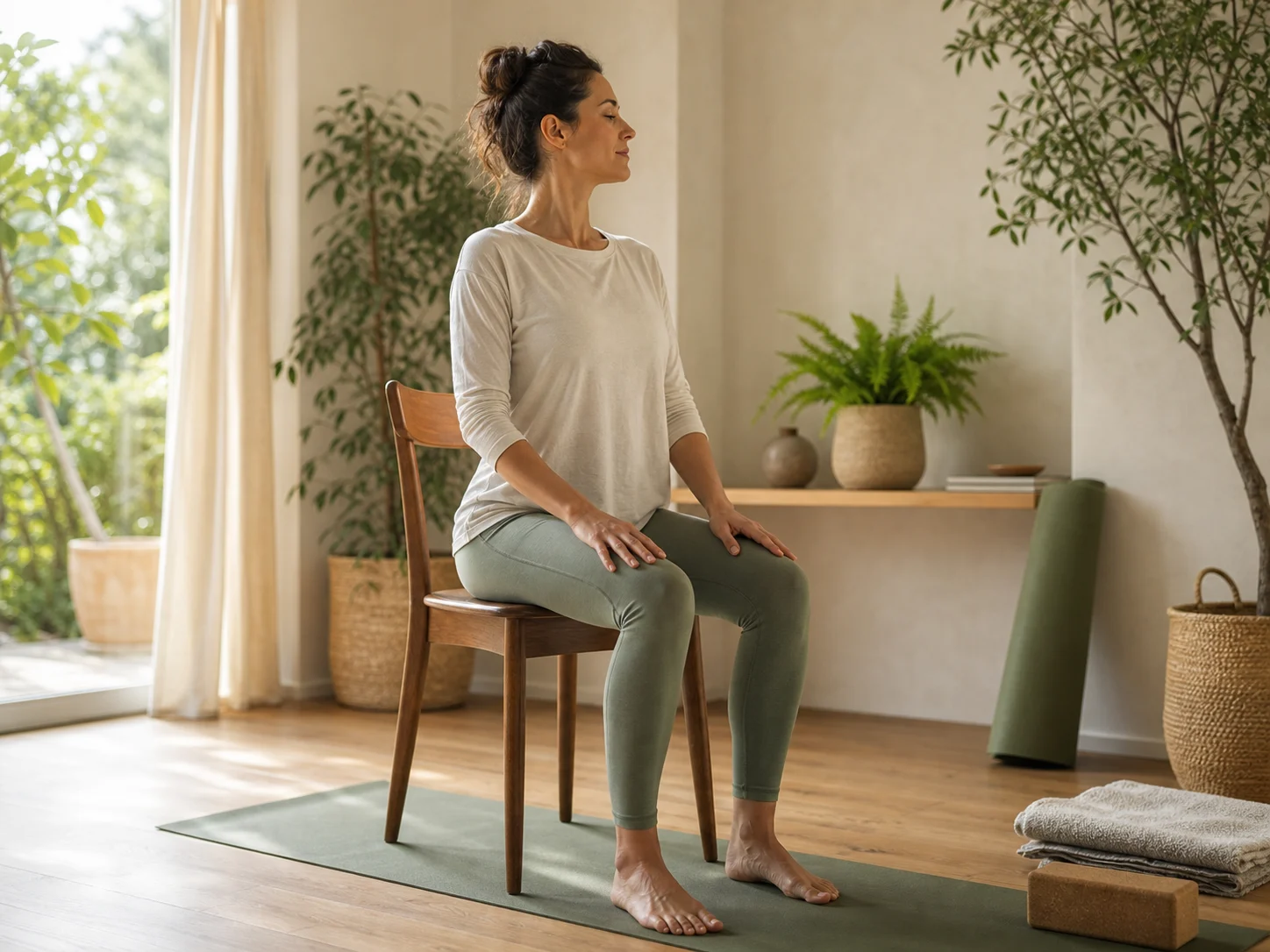 Séance de yoga adaptée avec chaise et supports pour rendre la pratique plus accessible.